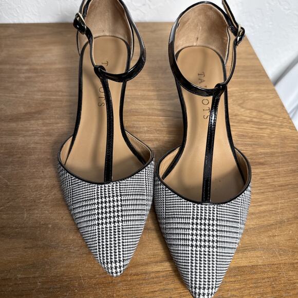 Talbots Black White Houndstooth Plaid Size 5 Heels T Strap Patent Leather EUC - Picture 2 of 9